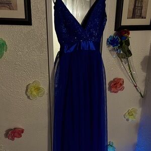 Royal blue open chest dress with blue glitter